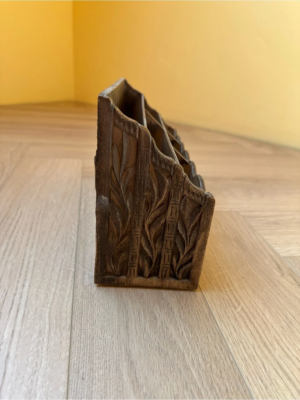 Carved Wooden Desk Organizer - Brown